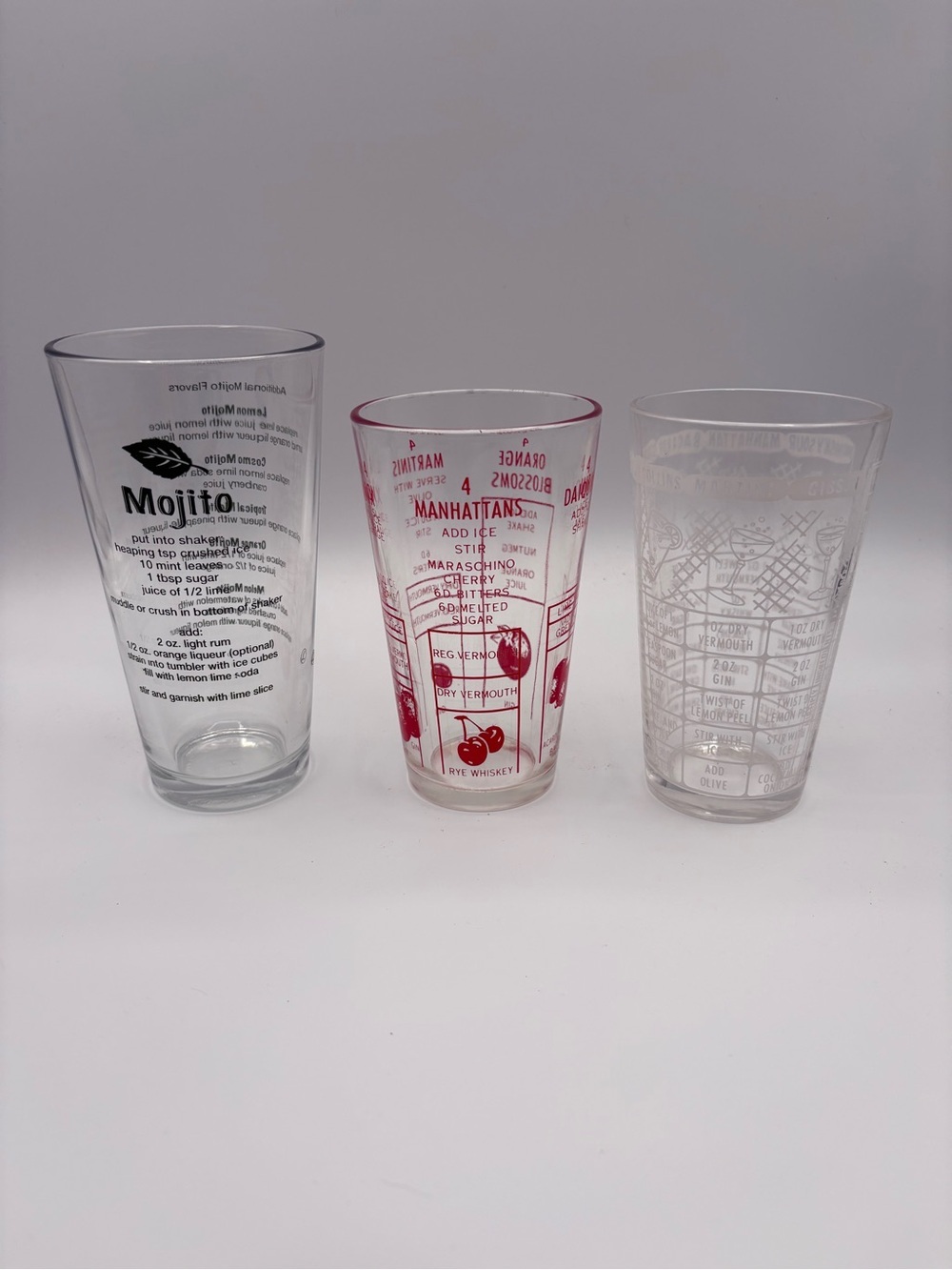3 MCM Cocktail Barware Recipe Mixing Glasses Mojito Martini Manhattan DAIQUIRIS